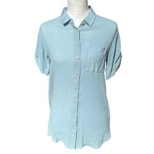 Soft Surroundings Gauzy Textured Cotton Light Blue Top XS Short Sleeve Tunic